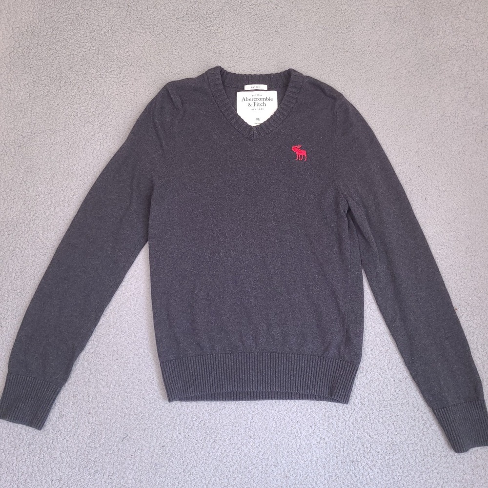 Abercrombie Sweater Mens Medium‎ Gray Muscle Cotton Cashmere V Neck Logo